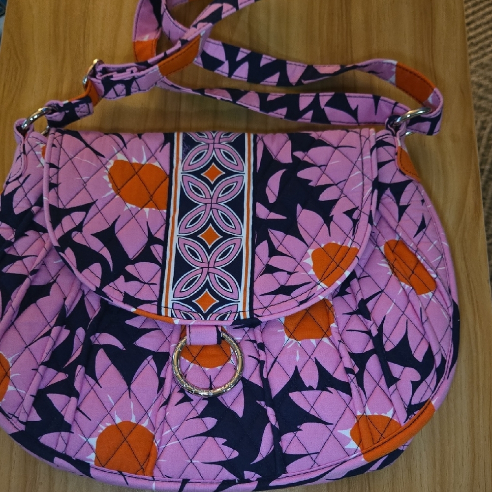 Vera Bradley Loves Me Pink Daisy Saddle Up Cross Body Shoulder Bag Orange Navy